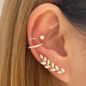 Ensemble de boucles d'oreilles en feuille de Zircon plaqué or