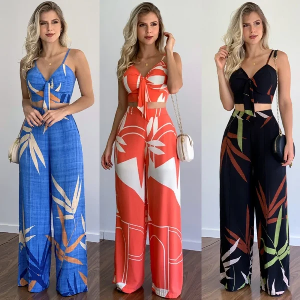Ensemble deux pièces style bohème pour femmes, décontracté, col en V, débardeur court, pantalon taille haute.