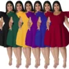 Robes de grande taille couleur unie à volants et manches courtes