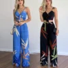 Ensemble deux pièces style bohème pour femmes, décontracté, col en V, débardeur court, pantalon taille haute.