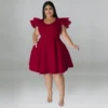 Robes de grande taille couleur unie à volants et manches courtes