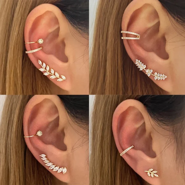 Ensemble de boucles d'oreilles en feuille de Zircon plaqué or