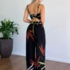 Ensemble deux pièces style bohème pour femmes, décontracté, col en V, débardeur court, pantalon taille haute.