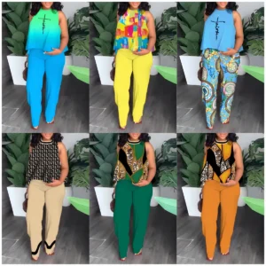 Ensemble 2 pièces grande taille  pour femmes tendance. Haut court décontracté, pantalon à jambes larges