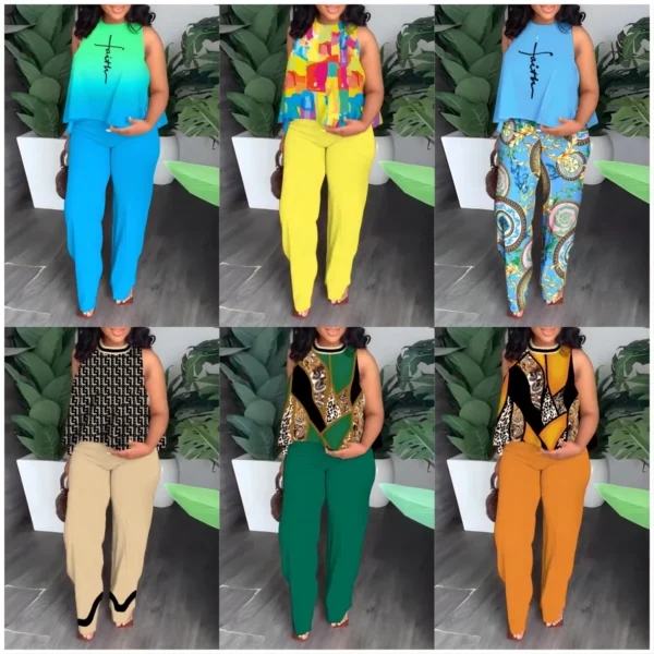 Ensemble 2 pièces grande taille  pour femmes tendance. Haut court décontracté, pantalon à jambes larges