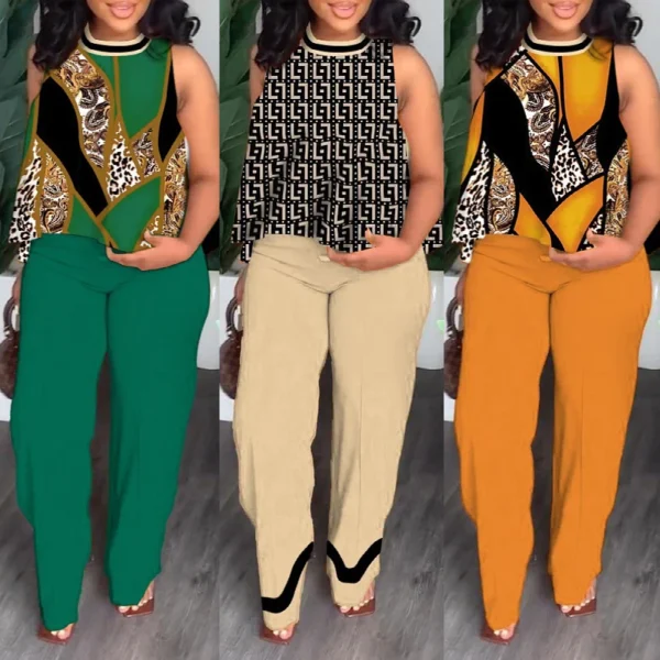 Ensemble 2 pièces grande taille  pour femmes tendance. Haut court décontracté, pantalon à jambes larges